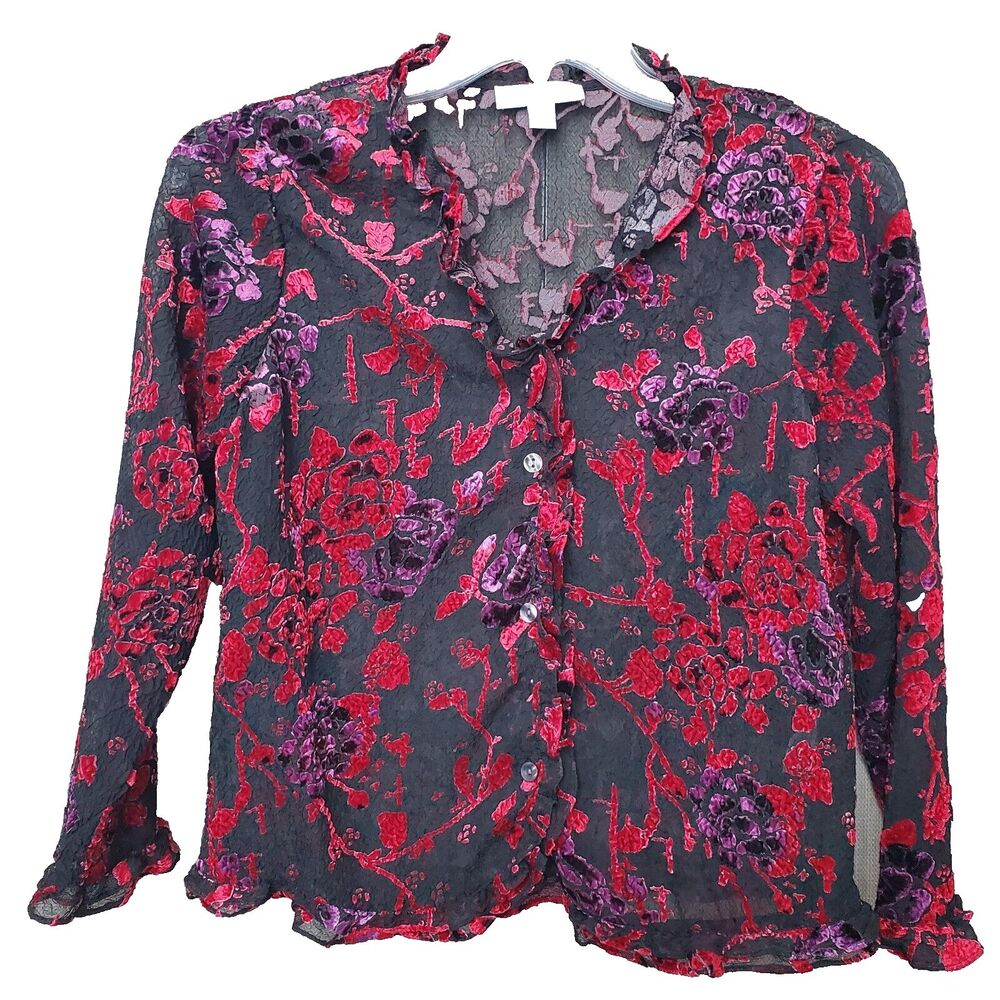 Coldwater Creek Mesh Crinkle Burnout Velvet Ruffle Button-Up Shirt Size PM